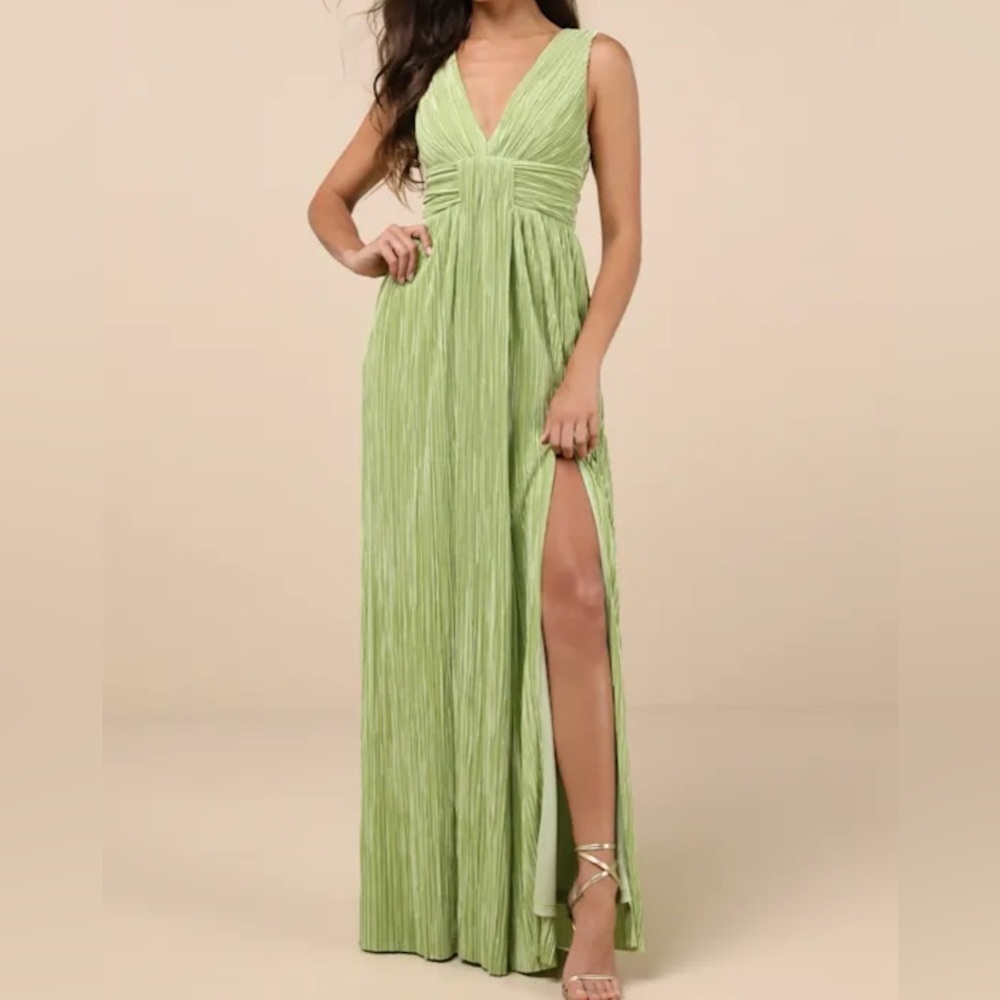 Lulus Light Green Pleated Maxi Dress with Side Slit